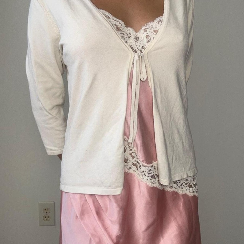 vintage silk front tie open front cream cardigan